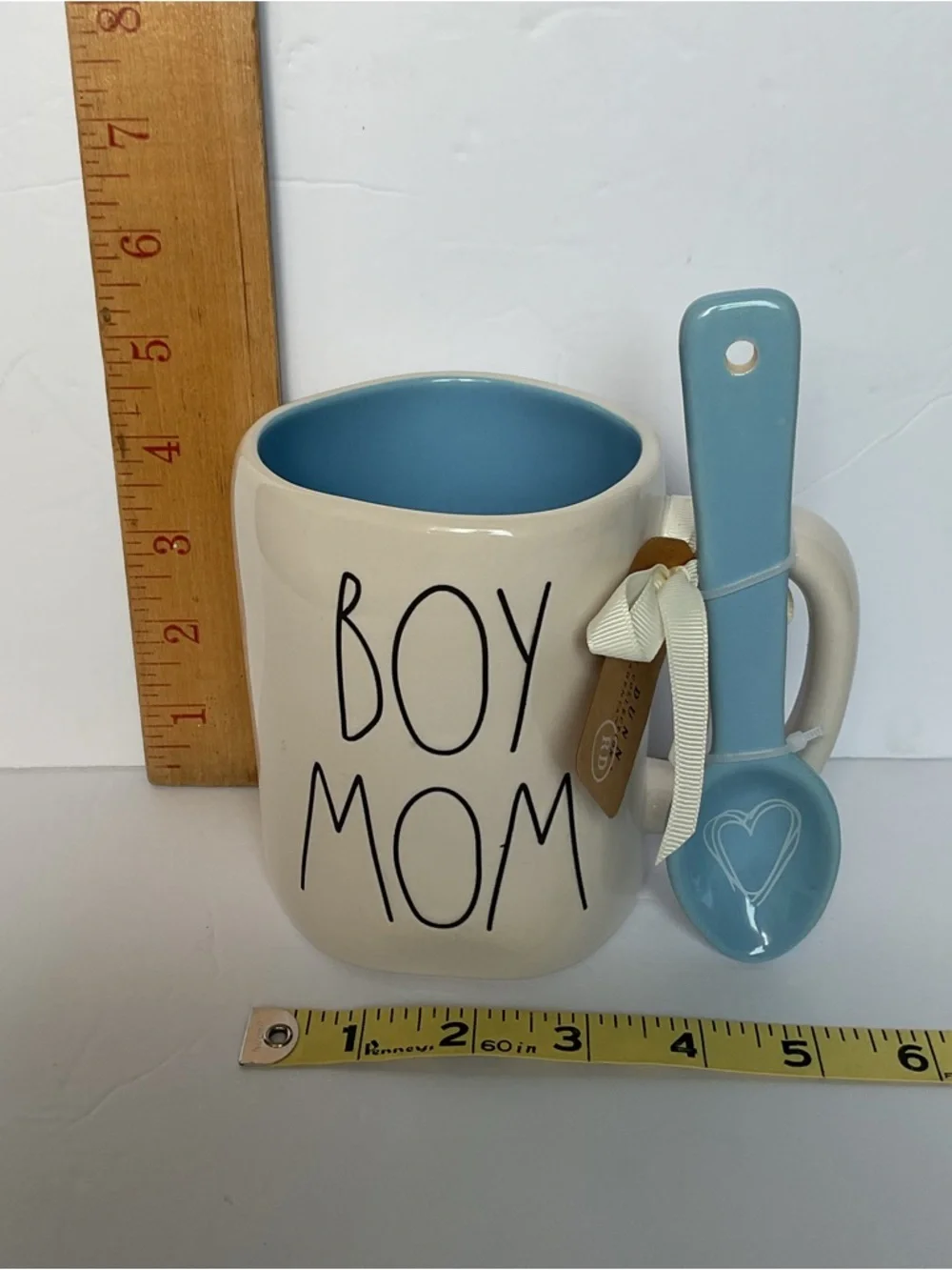Rae Dunn Boy Mom White Cup Mug 16oz w/ Blue Spoon Gift Set Brand New Baby Shower